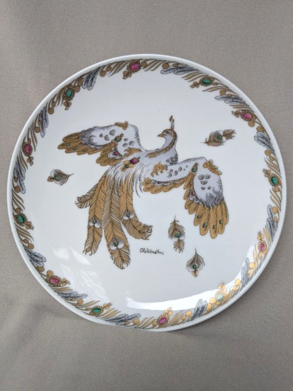 Vintage German HUTSCHENREUTHER Plate Jeweled Peacock Signed by Ole Winther 1970s